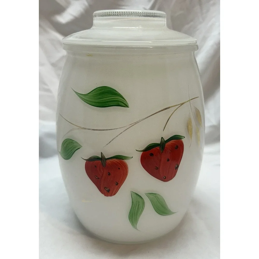 VTG 50s 60s Bartlett Collins Strawberries White Glass Cookie Jar Canister 8